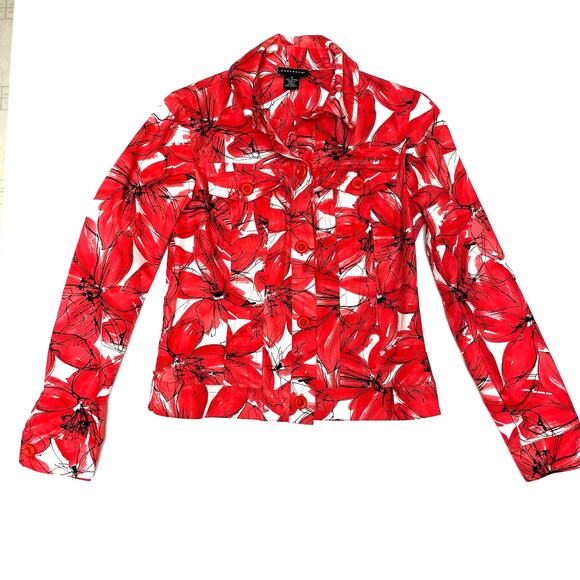 Rafaella Women’s Long Sleeve Cropped Button-Up Jacket, Red Floral, Size M - Picture 1 of 9